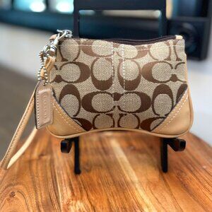 Coach Signature C Canvas Wristlet Brown Tan Leather Trim Zip Pouch